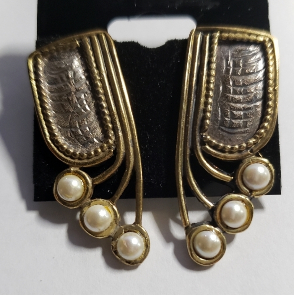 Chunky Gold and Silver Earrings with Pearl Accent